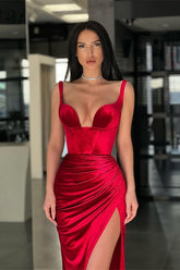 Elegant Long Velvet Red Mermaid Prom Dress With Slit